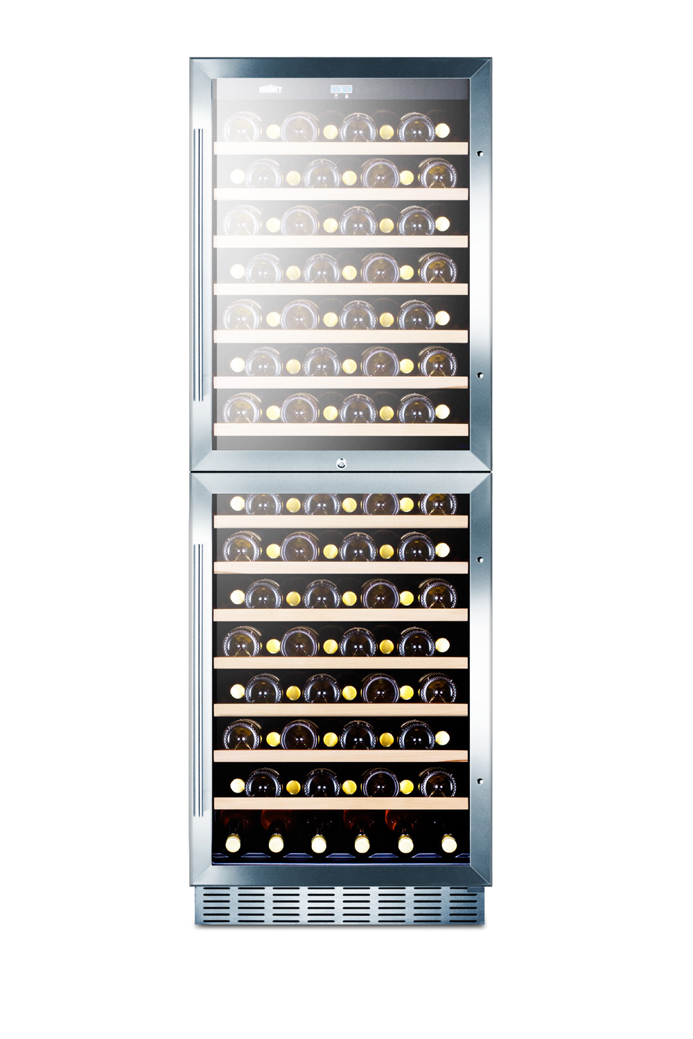 Dual zone 118 bottle commercial wine cellar designed for the display and refrigeration of beverages, with two glass doors and digital thermostats; for built-in or freestanding use